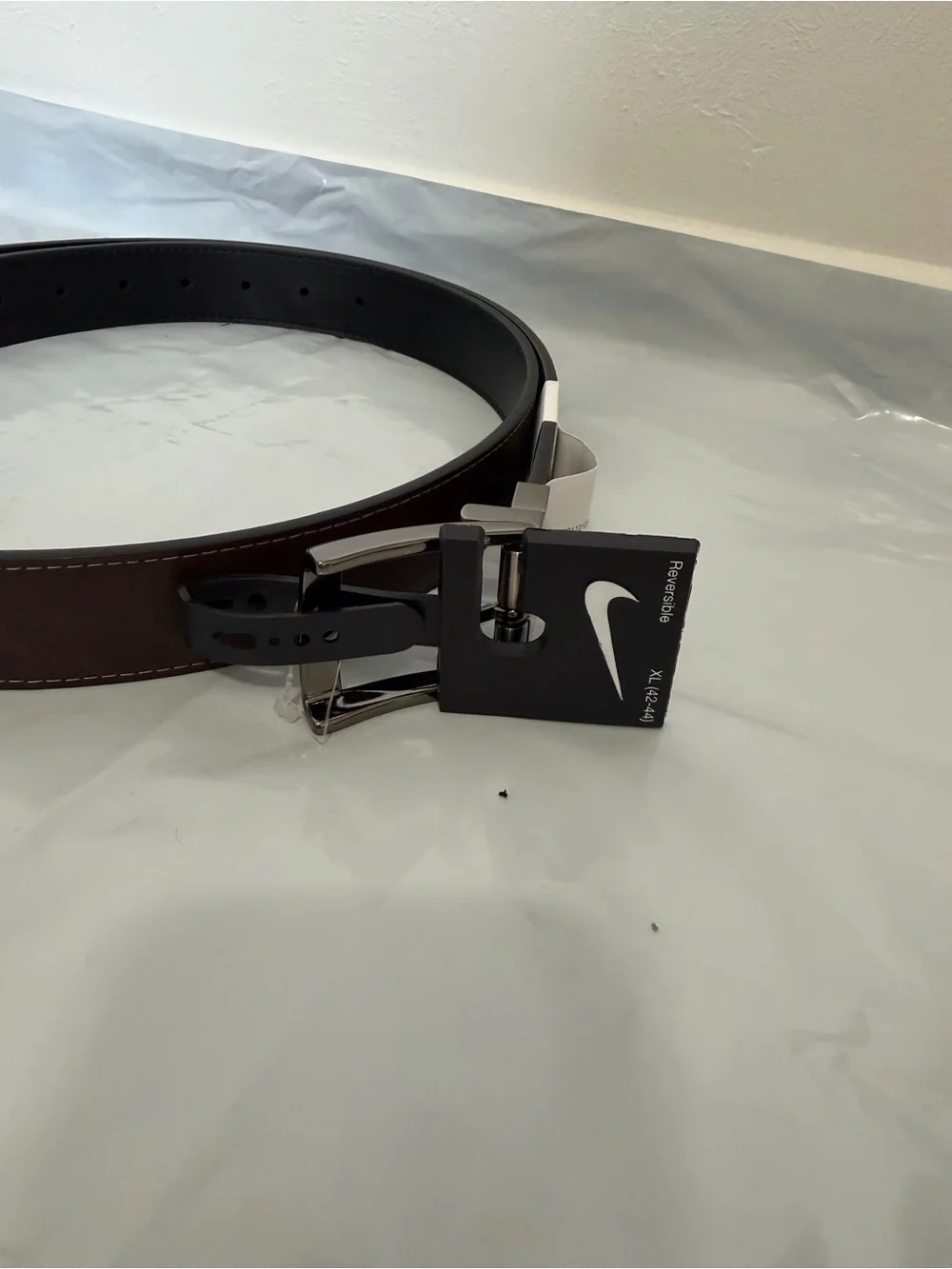 Nike Men's Reversible Black and Brown Leather Belt with Silver Buckle